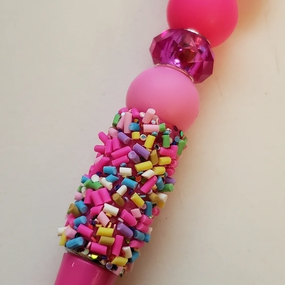 Handmade Pink Smiley Face Confetti Sprinkles Beaded Silicone Focal Bead Pen